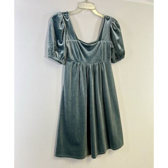 Dusty Blue Velvet Peasant Prairie Fairy Square Neck Puff Sleeved Mini Dress XS - Picture 4 of 12